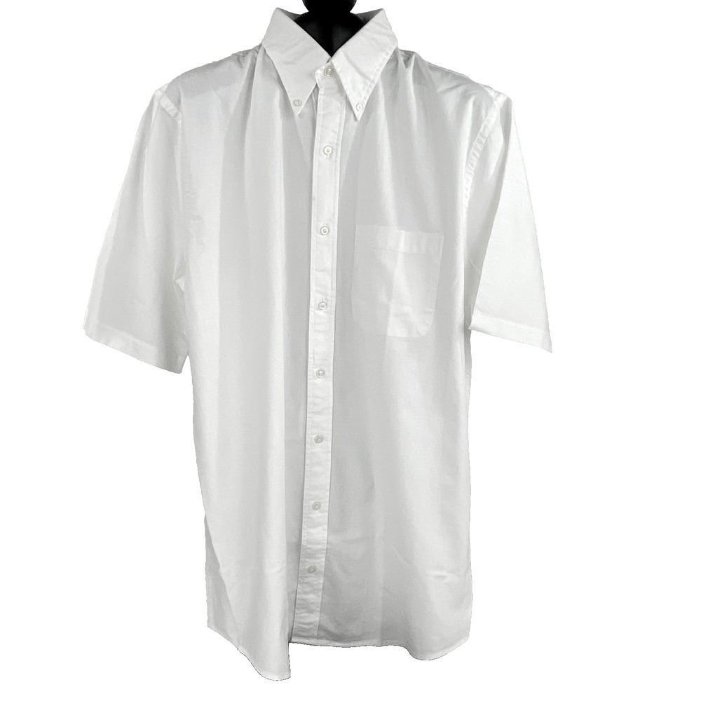 NEW Lands End Short Sleeve Shirt Men's M 15-15.5 T White Chambray Soft Cotton